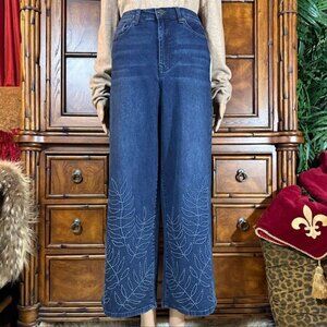 DG2 Indigo Wash Palm Embroidered Wide Leg Ankle Jean - Tall